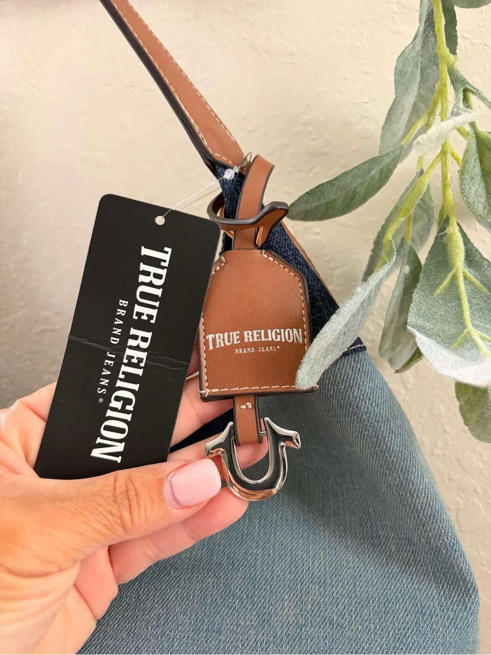 True Religion Denim Patchwork Hobo Shoulder Bag Horseshoe Charm
